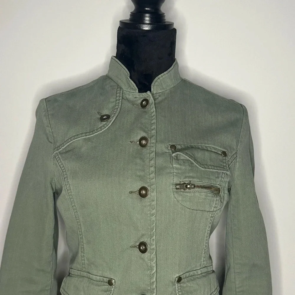 Mossimo Womens Utility Jacket Green Denim Military Button Up Pockets Casual - Picture 9 of 15